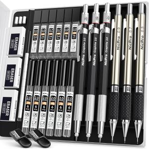 Nicpro 6PCS Art Mechanical Pencil Set, 3PCS Metal Drafting Pencil 0.5 mm & 0.7 mm & 0.9 mm & 3PCS 2mm Graphite Lead Holder (2B HB 2H) For Writing, Sketching Drawing With Lead Refills Case (Silver)