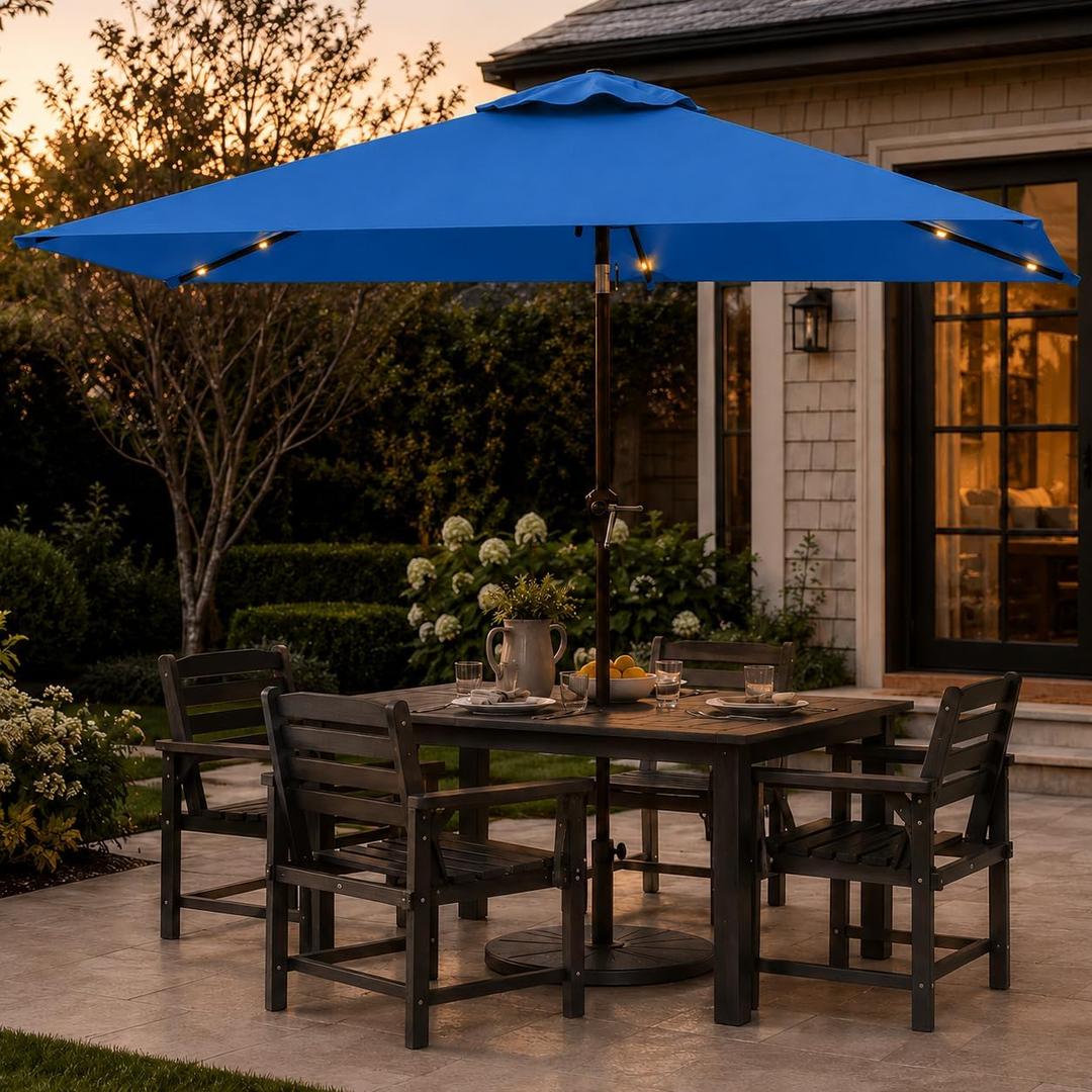 6.5 x 10ft Rectangular Patio Umbrella with Solar Lights, 16 LED Lighted Market Umbrella with Push-Button Tilt and Crank, 6 Sturdy Iron Ribs for Garden, Deck, Pool, Royal Blue