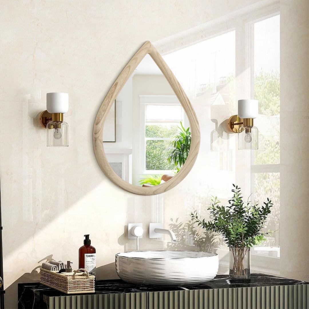 Teardrop Wall Mirror Small Natural Wood Framed Wall Hanging Mirror Irregular Mirrors for Wall Decorative Farmhouse Bedroom Bathroom Entryway Mirrors (16"L x 12"W)