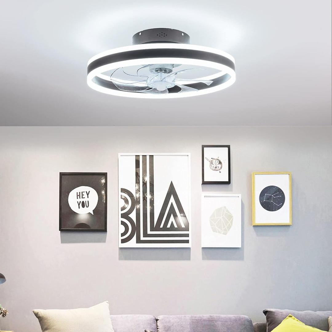 OUKANING Low Profile Ceiling Fan with Light,Modern Flush Mount Enclosed Ceiling Fan, Invisible Fan Chandelie (Black) 20"