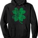 Vintage Faded Retro Four Leaf Clover St Patricks Day Pullover Hoodie (XL, Black)