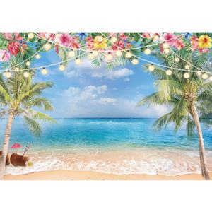 10x8ft Summer Hawaiian Beach Ocean Photography Backdrop Sky Seaside Tropical Palm Trees Luau Hawaiian Party Decorations Photoshoot Background Photo Banner Supplies