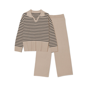 Pink Queen Sweater Sets for Women 2 Piece Long Sleeve Collar V Neck Sweatsuit Knitted Stripe Pajamas Size S