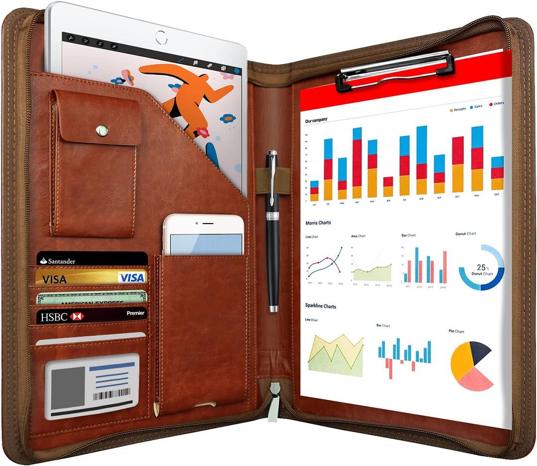 Zippered Padfolio Organizer, WRIYES Leather Planner Binder, 10.2 Inch Portfolio Folder for Documents, Letter Size Business Card Holder for Men&Women (Brown)
