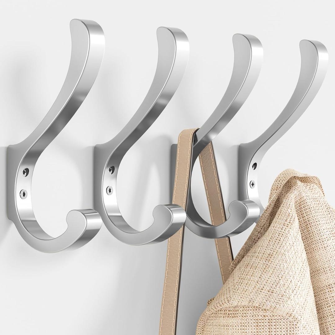Coat Hooks Wall Mount for Hanging - Large Heavy Duty Backpack Hooks for Wall, Hold up to 30 lbs, Big Hanger Hooks for Towels, Purses, Clothes, Mudroom, Bathroom, Door, Silver, 4 Pack