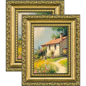 eletecpro 3x4 Picture Frames Set of 2, Ornate Frame with Glass Cover, Rustic Gold Photo Frames Display 3 x 4 Photo for Tabletop, Gold