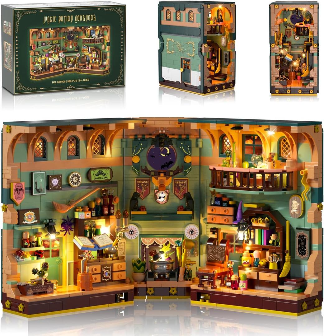 Magic Potion Booknook Building Set with Light, DIY Bookend Building Block Kit for Home Decor Bookshelf, 990 PCS Miniature Book Nook House Building Brick Model for Adults Kids Boys Girls Age 8+