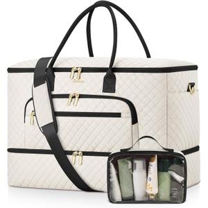 Travel Duffle Bag, Wide Open Large Weekender Bag for Women with Shoe Compartment, Carry on Overnight Bags with Toiletry Bag, Hospital Bag for Women Labor Delivery with Wet Pocket (Beige Black)