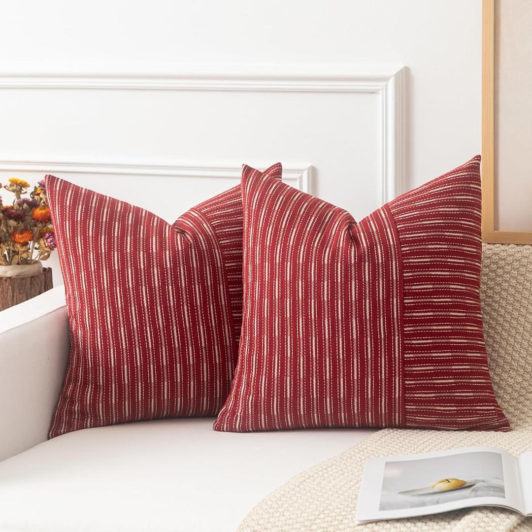 Kevin Textile Valentines Wine Red and Beige Farmhouse Striped Patchwork Linen Decorative Throw Pillows Covers 18x18, Set of 2, Modern Accent Square Cushion Covers for Couch Chair Bedroom