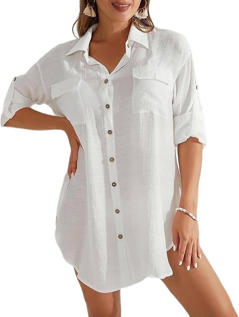 Bsubseach Women Button Down Rolled Cuffed Long Sleeve Shirt Side Slit Collared Blouses with Pockets Oversized Rayon Tops White XL
