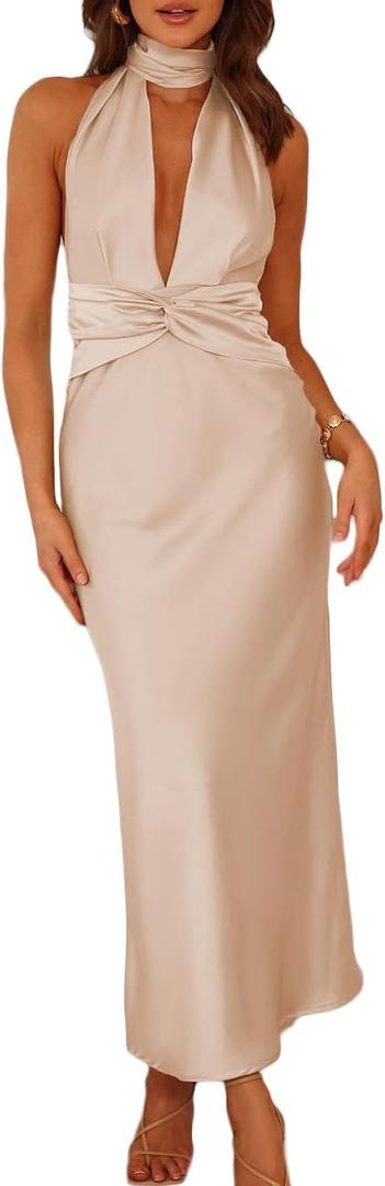 Summer Sexy Satin Backless Halter Maxi Dress for Women Elegant Sleeveless V Neck Twist Wedding Guest Dresses Cocktail (XS)
