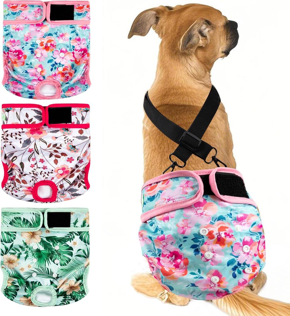 wegreeco Reusable Washable Dog Diapers Female with 1PC Suspender, Dogs Period Heat Diapers Female Heat Cycle,Doggie Puppy Diapers for Incontinence (Medium) (Flower)
