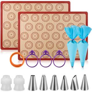Angadona Macaron Silicone Baking Mats Kit (16pcs set) Macaroon Baking Mat Set of 2 Half Sheet Macaron Silicone Mat Nonstick Macaron Mat Sheet,6 Piping Tip,2 Piping Bag with 3 Bag Tie,2 Coupler