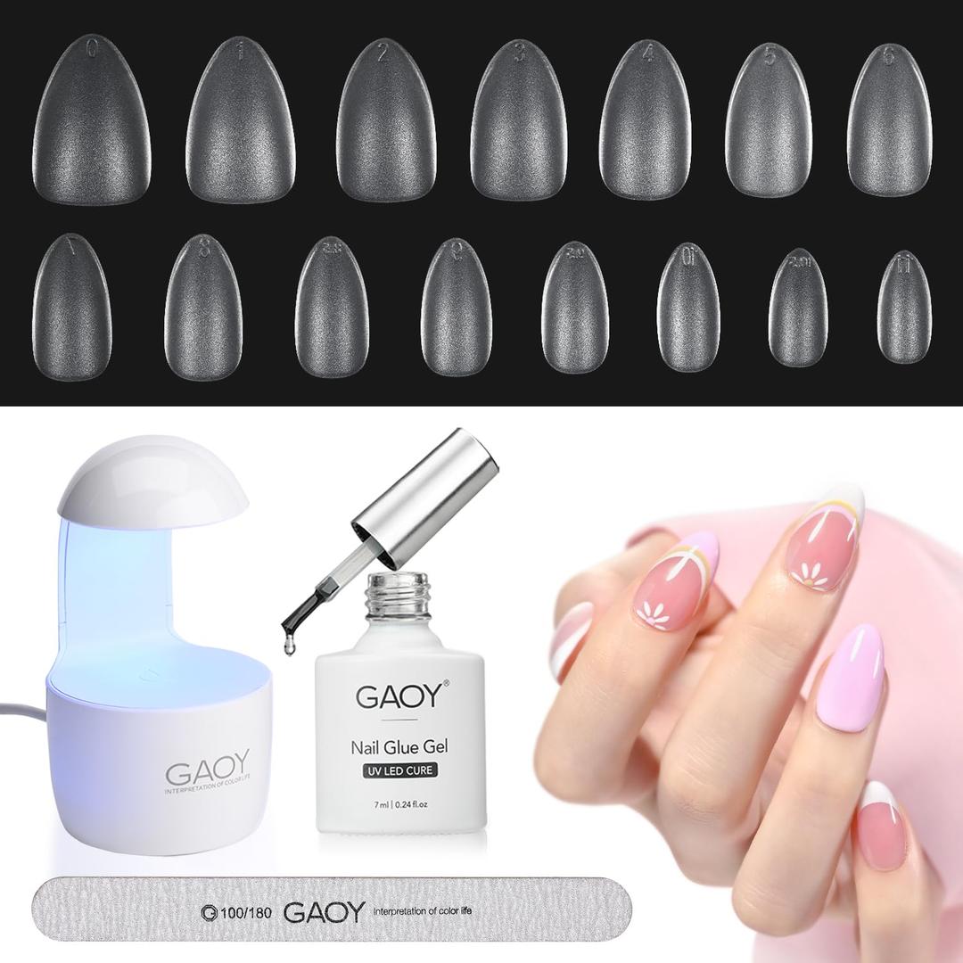GAOY Nail Tips and Glue Gel Kit with Mini UV Light, Gel Nail Kit, 360Pcs Matte Extra Short Almond for Fast Extension