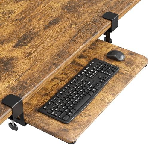 BONTEC KMT01 Under Desk Keyboard Tray, Pull-Out Keyboard & Mouse Platform with C-Clamp, 25.6 x 11.8 in Space-Saving Ergonomic Slide-Out Drawer, Rustic Brown