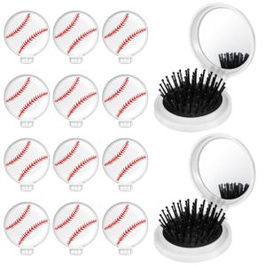 12 Pcs baseball Mini Detangler Brush, Folding Mirror Hair Brushes, Travel Hair Brush, No Tangle Soft Flexible Bristles for Straight, Curly, Thick Hair for baseball Team Gift Sport Party