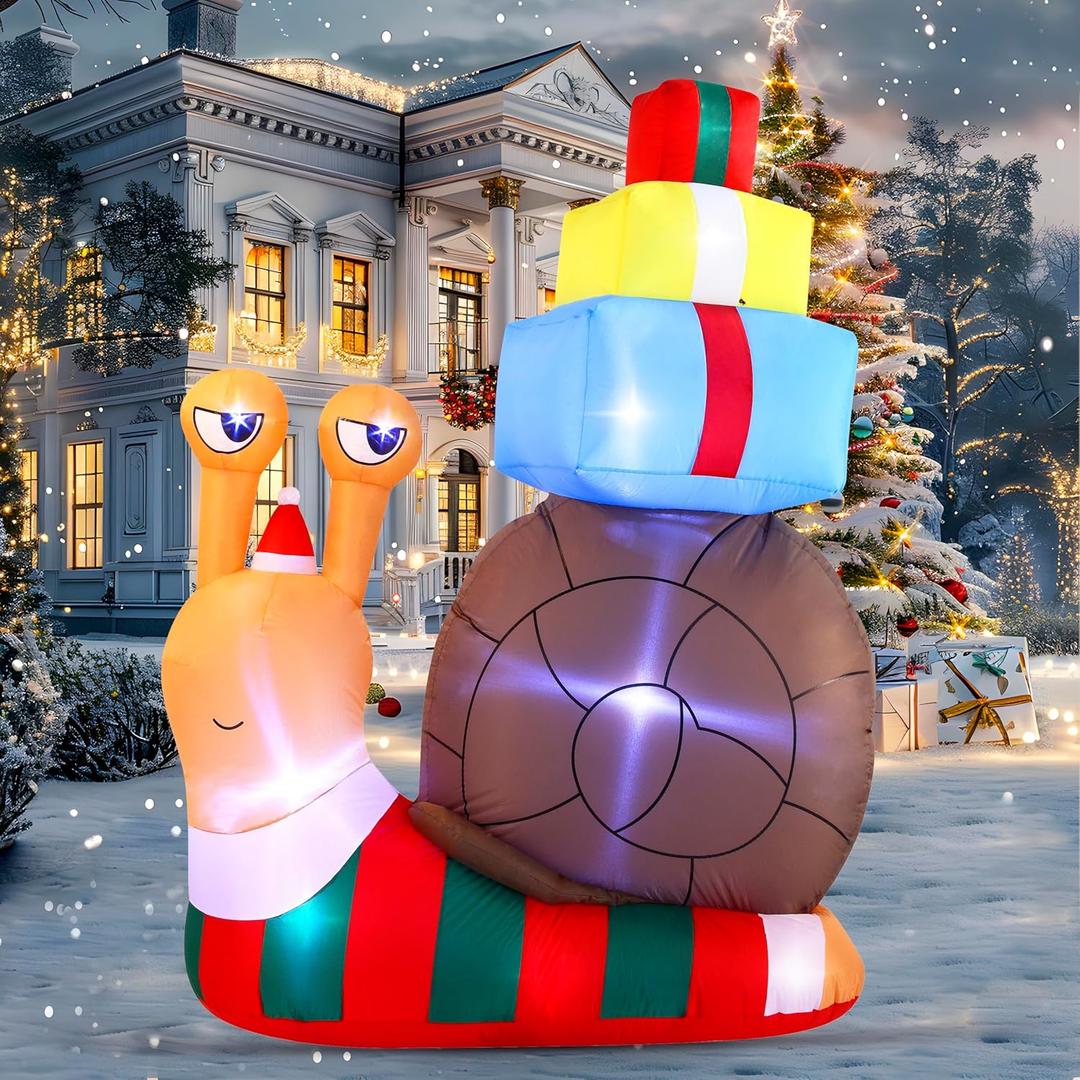 Joiedomi 6 FT Tall Christmas Inflatable Cute Snail with a Stack of Gifts, Christmas Inflatable Outdoor Decoration with LEDs Blow Up for Xmas Outside Party Yard Garden Lawn Winter Dcor