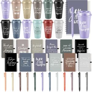 LemonRoad 36 Pcs Employee Appreciation Gifts Set, Staff Coworker Gift Bulk 16 Oz Plastic Tumbler Cups with Lid Straw Spiral Notebook Pen Thank You Gift for Team Office (Modern, Morandi)