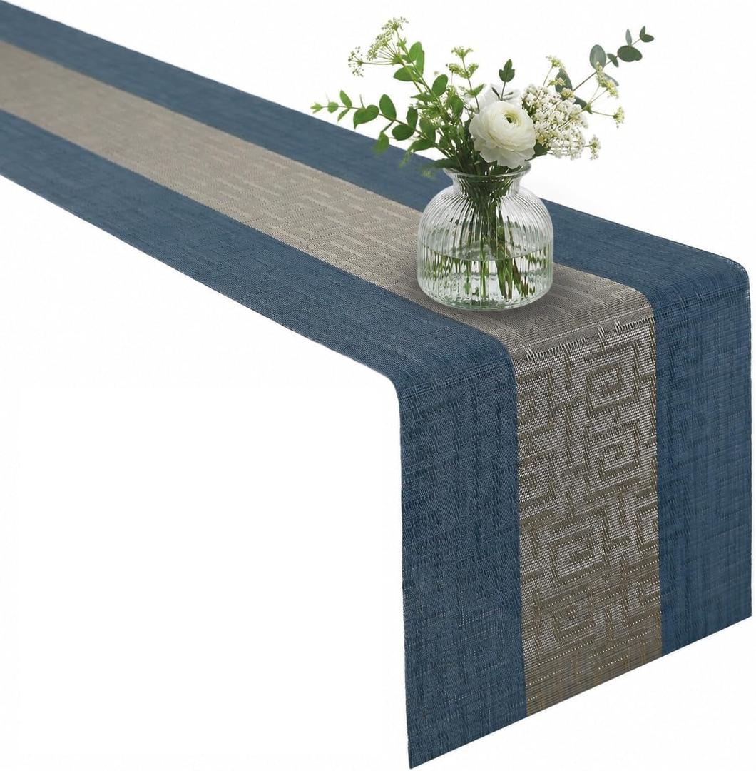 FAVE Woven Indigo Blue Table Runner Woven with Golden Threads 120x12 Inches Heat Resistant Dining Table Runner for Wedding, Banquets, Birthday, Party, Restaurant Decorations (Indigo Blue, 12x120)
