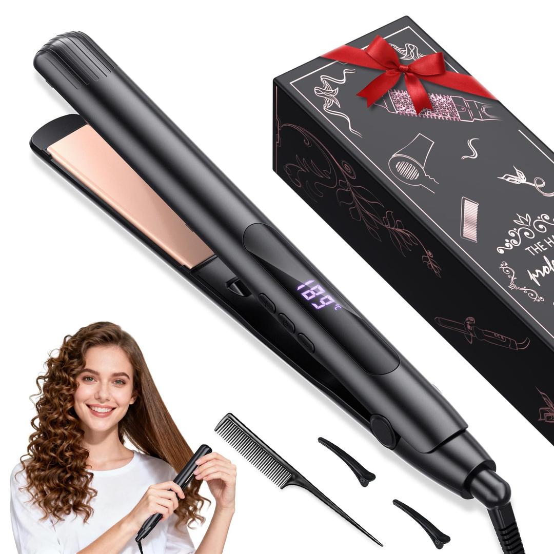 Hair Straightener, Flat Iron 1 Inch Titanium Ceramic Ionic Hair Straightener and Curler 2-in-1, Fast Heat Up, Adjustable Temperature, Dual Voltage, Auto Shut Off for Less Frizz, Shines and Smooth