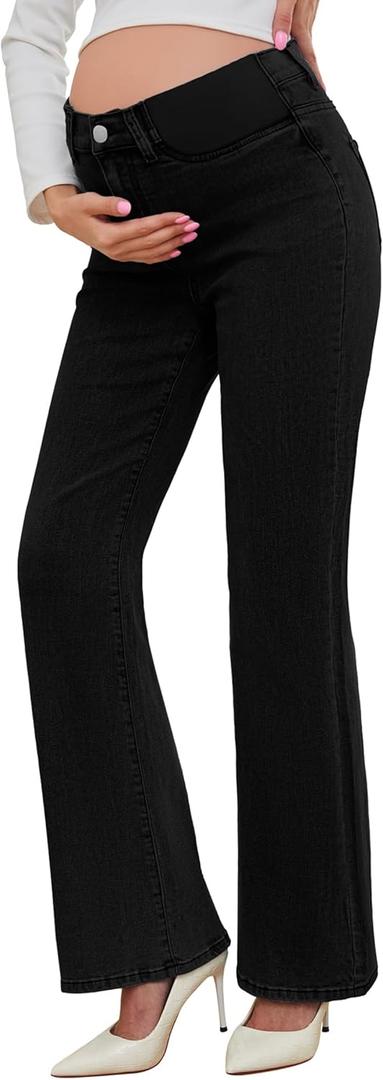 PACBREEZE Women's Maternity Flare Jeans Mid-Rise Stretchy Bell Bootcut Jeans Denim Pregnancy Pants, XL (Black)