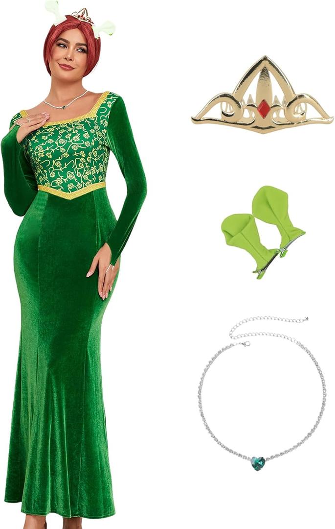PAINEOMN Princess Costume for Women Princess Dress Adult Long Sleeves Green Dress Gown Dress Halloween Cosplay Party Outfit (Small)