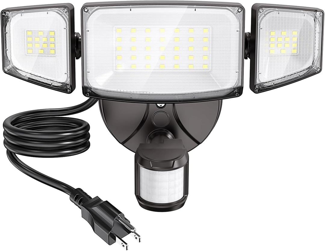 Olafus 42W Motion Sensor Outdoor Light Plug in, Motion Flood Light Dusk to Dawn, 5000LM LED Security Light IP65 Waterproof, Motion Activated 6500K PIR Sensor Lighting for Garage Yard Patio Eave, Brown