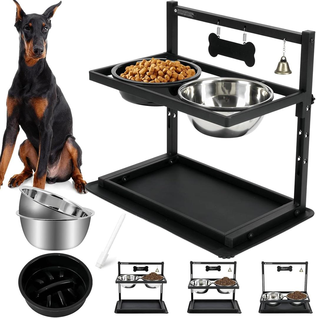 Elevated Slow Feeder Bowls for Large Dogs - Adjustable Height, 2 Stainless Steel Bowls, Spill-Proof Mat - Great for Medium Dogs Too (Black)