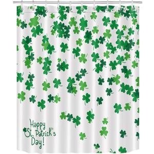 LB Saint Patricks Day Shower Curtain Set Ireland Green Clover Leaves in White Bathroom Curtain with Hooks 60x72 inch Polyester Fabric Bathroom Decorations (60"W x 72"L (Pack of 1))