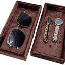 AgentMoon 2 Piece Set Sunglass or Jewelry Temporary Storage Tray. Stackable Velour Wrap Tray for Watch iPhone Earring etc. Bedside Makeup Accessories Organizer. 20 x 10 x 3cm. (Tabby Coffee)