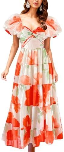 GOLDSTITCH Women's 2025 Boho Floral Maxi Dress Puffy Short Sleeve Cutout V Neck Casual Long Beach Dress M