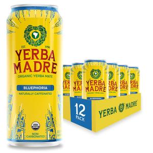 Yerba Madre Organic Yerba Mate, Bluephoria, 150mg Natural Caffeine, Energy Drink Alternative, No Jitters or Crash, 15.5 Oz Cans (Pack of 12)