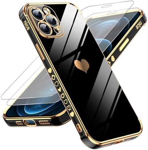 LeYi for iPhone 15 Pro Max Case: with Tempered Glass Screen Protector [2 Pcs]+ Full Camera Lens Protection, Love Heart Plating Cute Luxury Soft TPU Shockproof Case for iPhone 15 Pro Max, Black (3 Pcs)