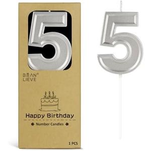BEAN LIEVE Silver Birthday Candles Number 5, Silver Number Candles, Cake Number Candles for Birthday Parties and Wedding Anniversary Celebrations