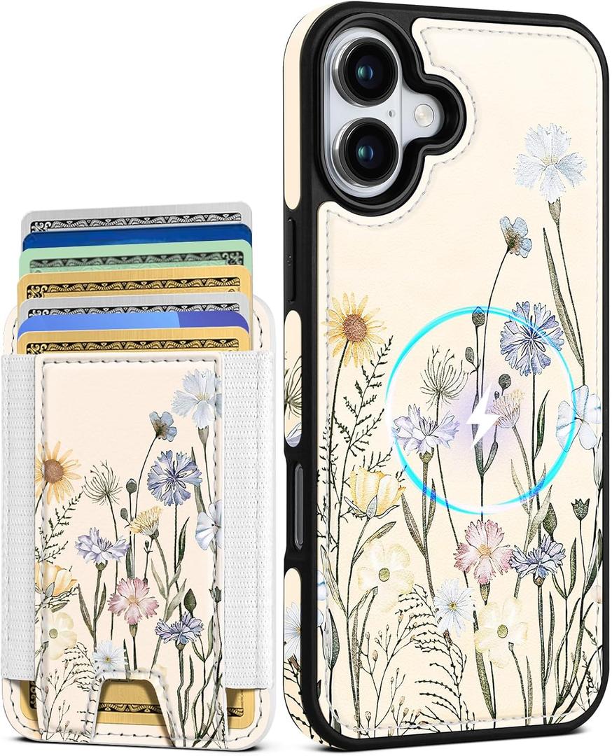 Shorogyt for iPhone 16 Wallet Case - Fits 5 Cards, Compatible with Magsafe Detachable Magnetic Credit Card Holder Leather Cardholder Cute Phone Cover Women Girls for Apple 16, Color Flower