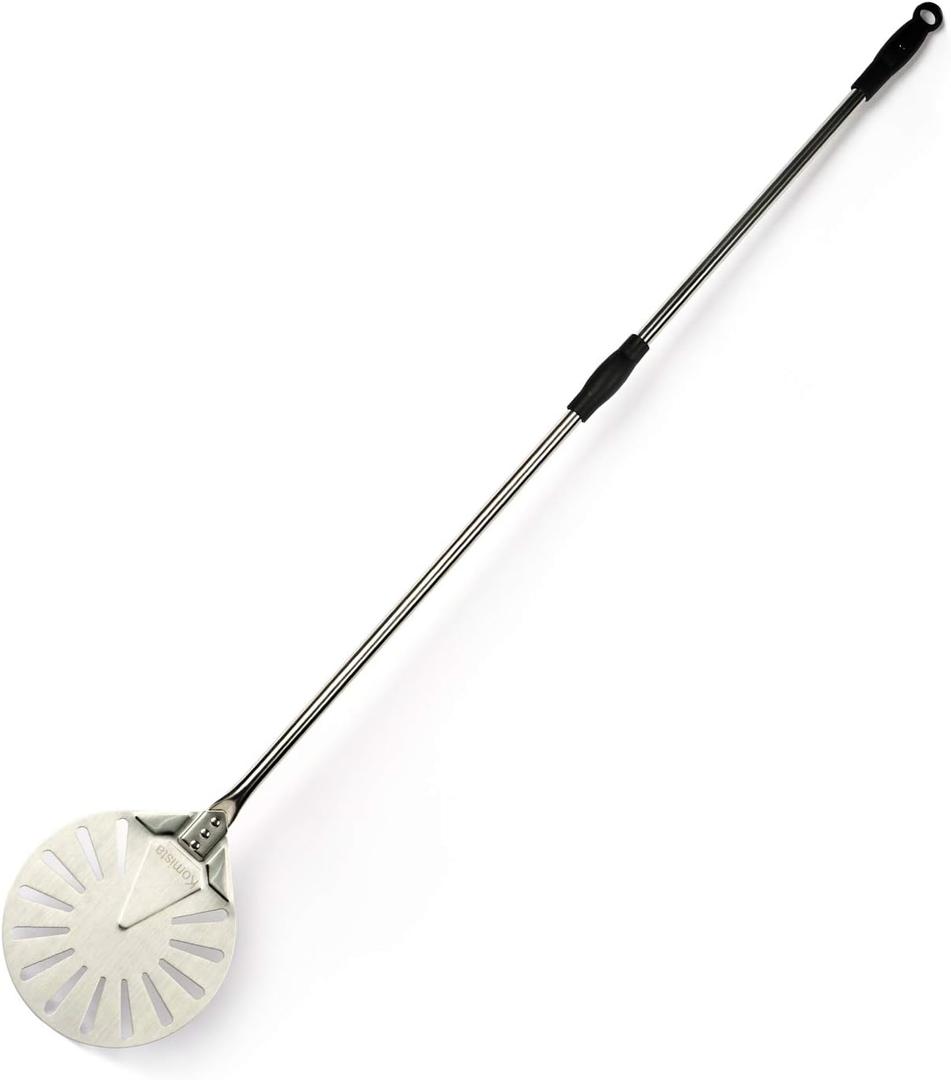 Turning Pizza Peel for Brick Oven,9" Stainless Steel Small Round Perforated Pizza Paddle with 47" Long Handle