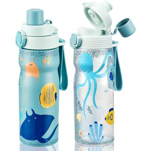 MAISON HUIS Kids Water Bottles 2 Pack, 18/8 Stainless Steel Vacuum Leak Proof Straw Cup with 21oz Tritan Sport Bottle, Kids Water Bottle for School, Gifts for Boys and Girls (Blue-Ocean)