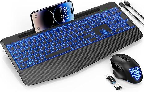 Keyboard and Mouse Wireless Backlits with 7 Changeable Backlits Color, Jiggler Mouse, Wrist Rest, Phone Holder, Ergonomic Quiet Rechargeable Wireless Keyboard and Mouse Combo for PC Laptop Mac