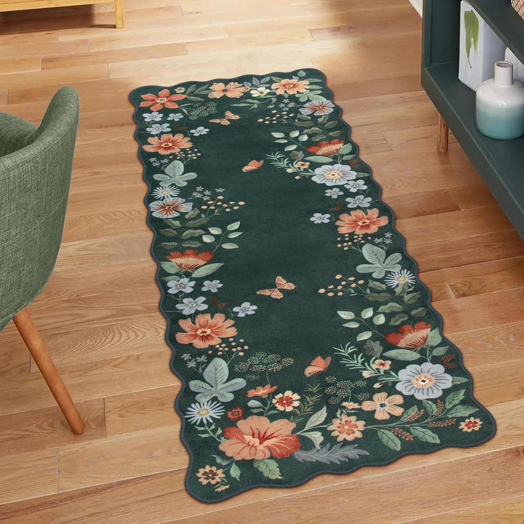Lahome Floral Small Rug, 2x4 Kitchen Rugs Non Slip Washable Rug Ultra-Thin, Soft Front Door Mat Indoor Entrance Stain Resistant Boho Low-Pile Carpet for Bathroom Bedroom(2x4ft,Dark Green)