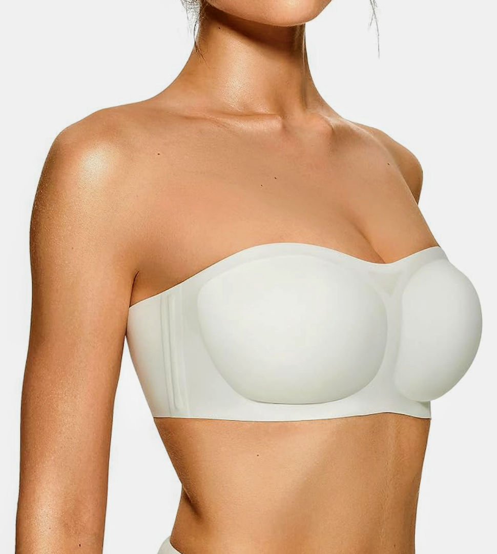 OEAK Womens Strapless Seamless Bandeau Bra Supportive Padded Push Up Wireless Comfortable Tube Bra ,L, White
