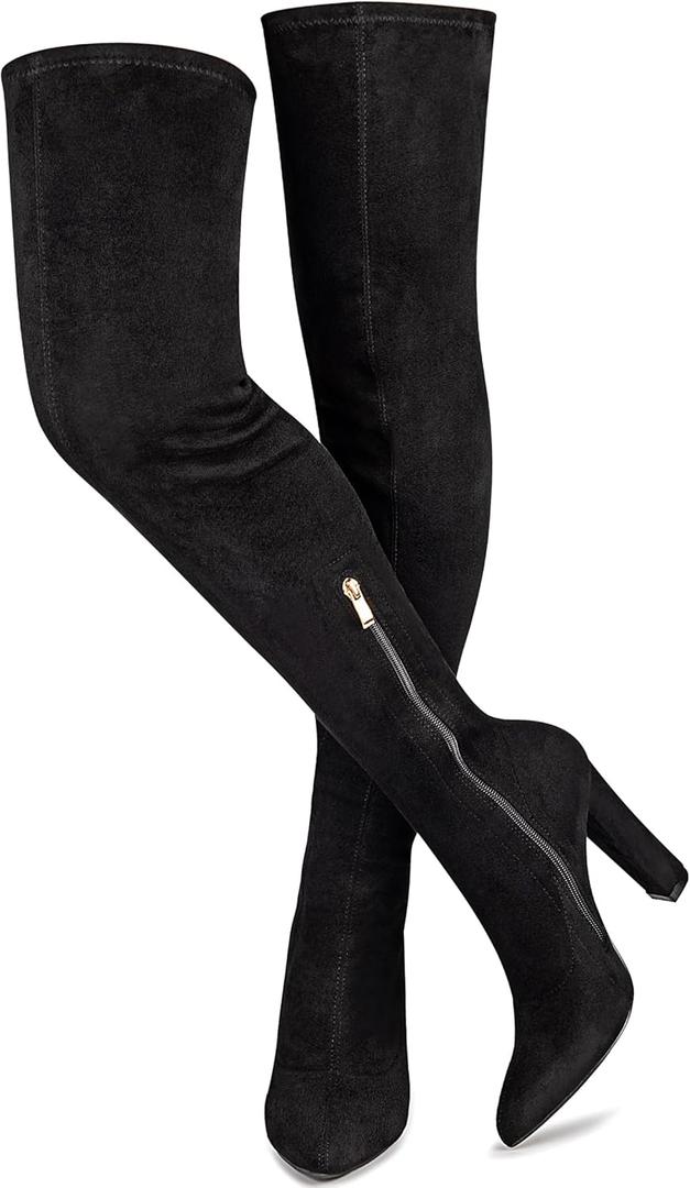 WSKEISP Women's Thigh High Boots Stretch Suede Over The Knee High Boot 4.13IN Chunky Heel Fall Winter Boots (9, Black)