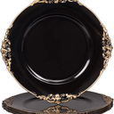 MAONAME Black Charger Plates with Gold Rim, Round Antique Plate Chargers for Dinner Plates, 13" Plastic Charger for Wedding Table Setting, Set of 6