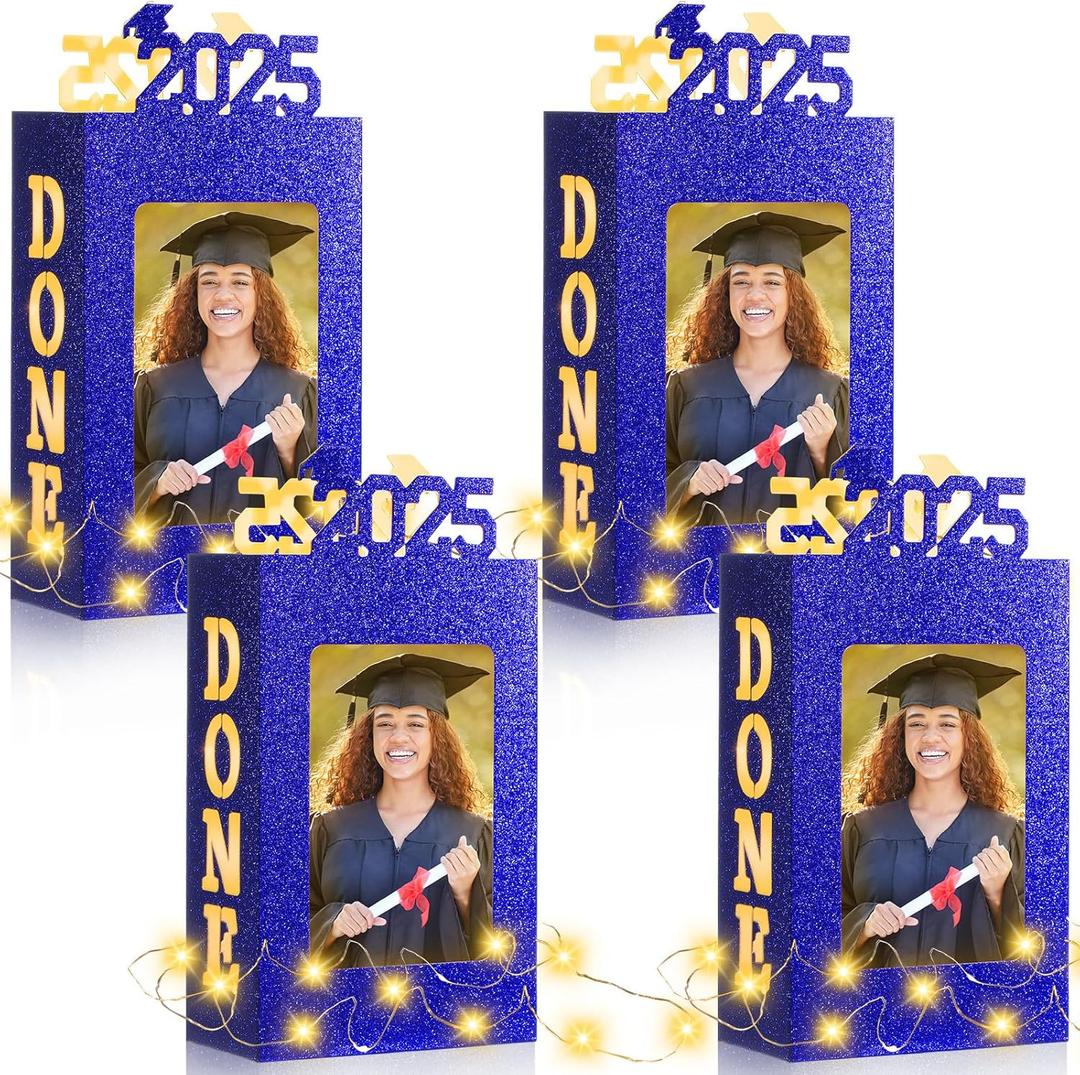 2025 4 Sets of Graduation Table Decorations Photo Centerpieces for Table Graduation Picture Frames Box Lighted Done Grad Party Favor for College Graduate Friends Gifts (Blue)