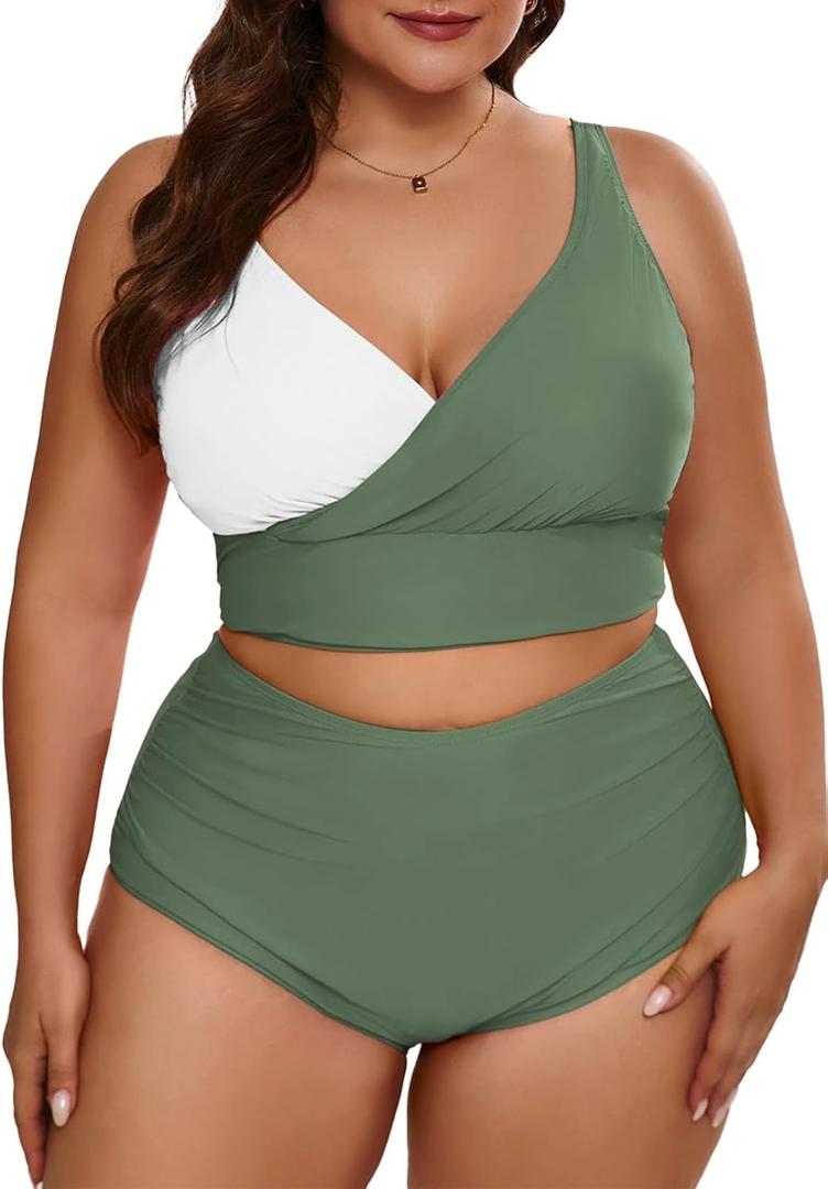 Eytino Womens Plus Size Bikini Sets High Waisted V Neck Bahting Suits Two Piece Color Block Swimsuits(1X)