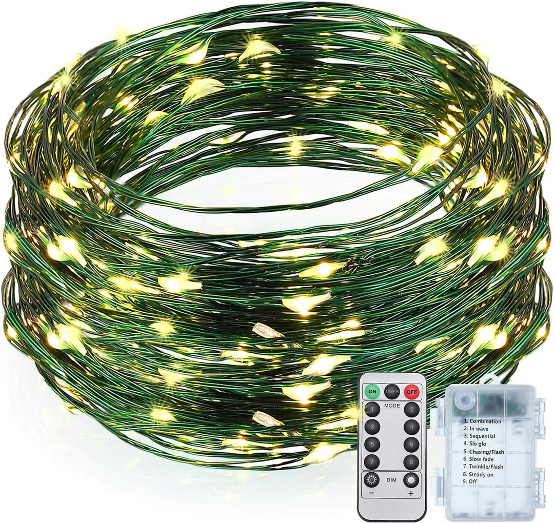 Mudder Christmas Battery Operated String Lights Outdoor Green Fairy String Waterproof Starry Fairy Lights with 8 Modes Remote Control Timer for Garden Room Christmas Tree(33ft,Green and Warm White)
