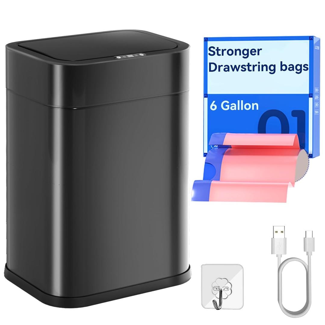 FRESHLIX Kitchen Trash Can Automatic Touchless with 360 Motion Sensor & Silent Close Lid 6 Gallon Stainless Steel Auto-Adsorption Smart Bathroom Garbage Cans with Pre-Cut Drawstring Bags
