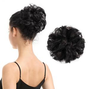 BARSDAR 100% Human Hair Bun Extension - Real Human Hair Black Messy Bun Scrunchie for Women - Elastic Wavy Updo Extensions Thick Soft Fluffy Natural Looking Chignons Hairpieces - Natural Black