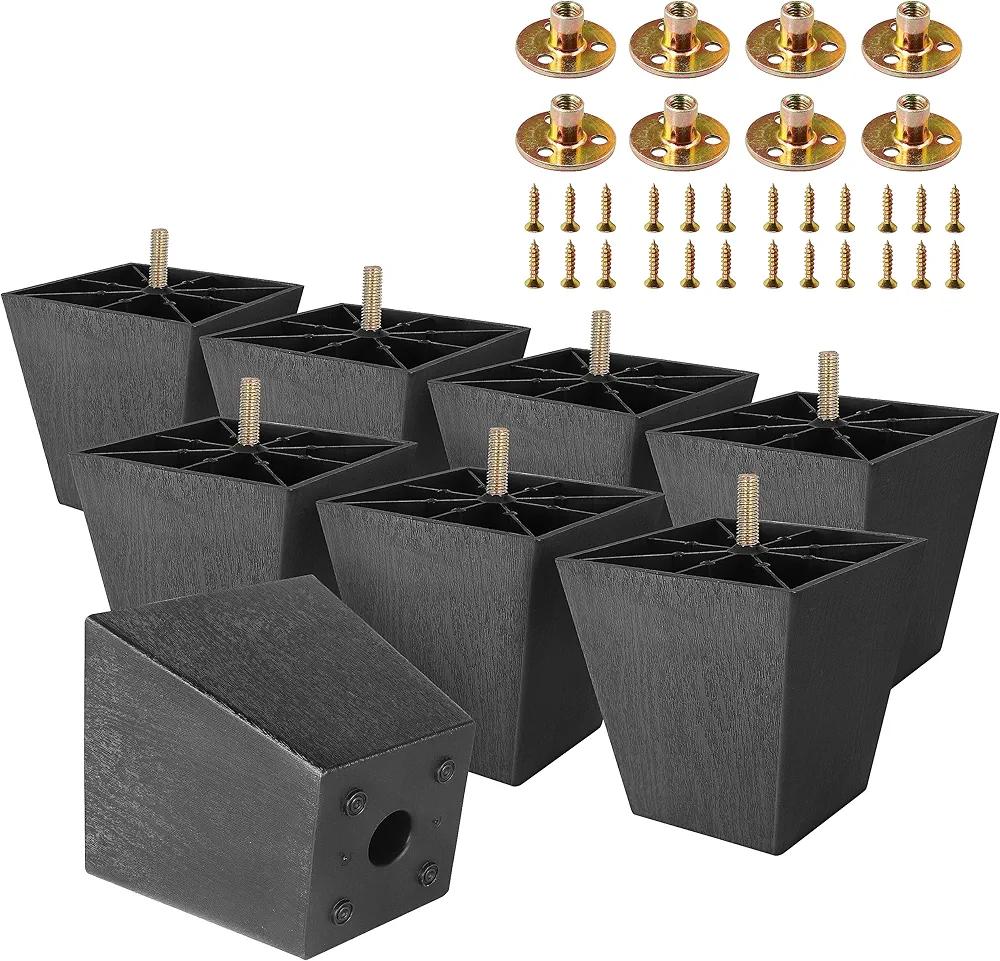 M8-1.25 Metric Thread Bolts Plastic Furniture Legs 4 Inch Black Square Sofa Feet with Plate Nuts - Couch Feet Replacement - Couch Legs Set of 8