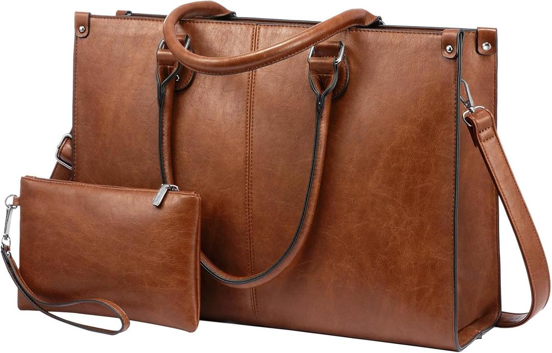 LOVEVOOK Laptop Tote Bag for Women, 15.6 Inch Large Capacity Vintage Leather Work Computer Bag, Business Casual Shoulder Handbag, Dark Brown