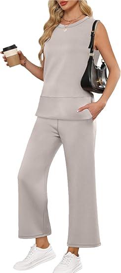 Womens 2 Piece Outfits Sweatsuits Set Casual Wide Leg Pants Lounge Sets Summer Beach Vacation Spring Travel Khaki, Large